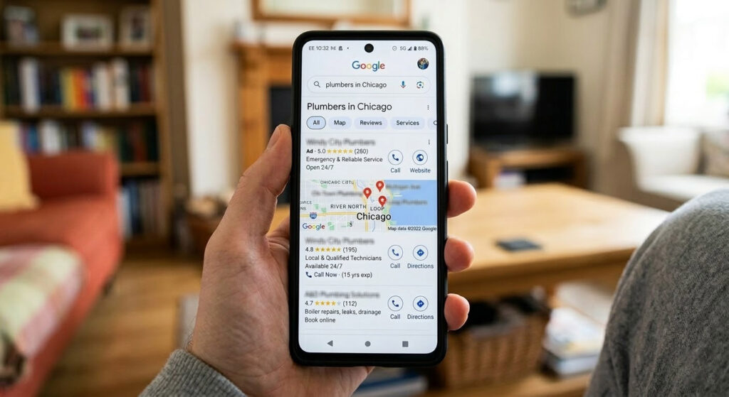 google search results emergency plumber near me on mobile