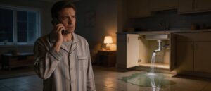 homeowner searching for emergency plumber on phone at night