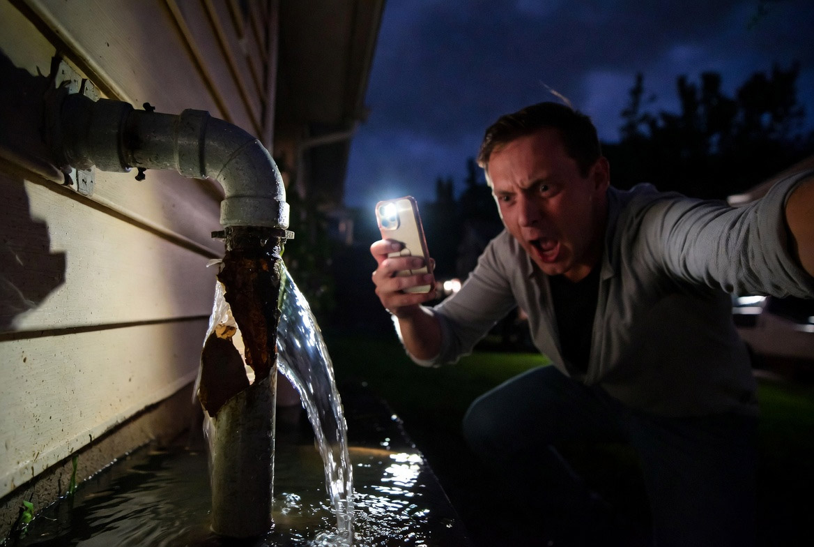 Homeowner calling emergency plumber at night after pipe burst