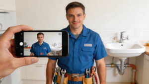 plumber filming intro video on smartphone for website homepage